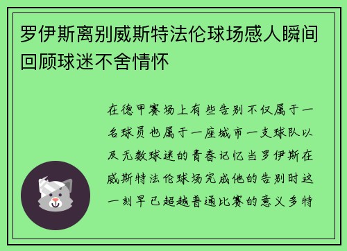 罗伊斯离别威斯特法伦球场感人瞬间回顾球迷不舍情怀